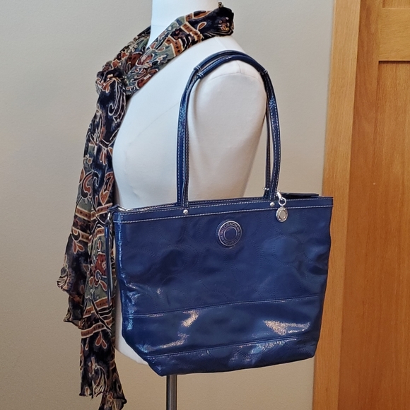 Coach Patent Marine Navy Blue Leather Logo Mini Tote Purse - Picture 12 of 16